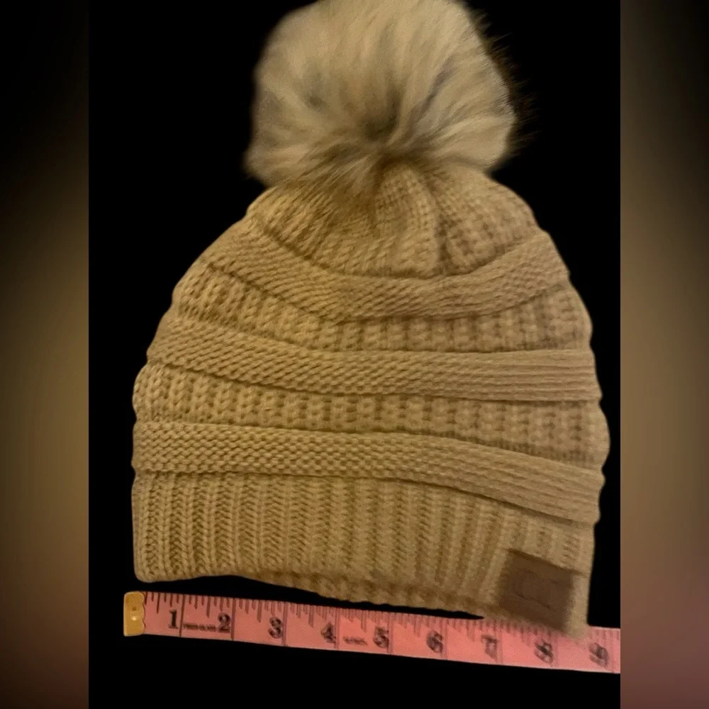 CC-Cozy Tan Knit Beanie with Faux Fur Pom - Picture 3 of 7